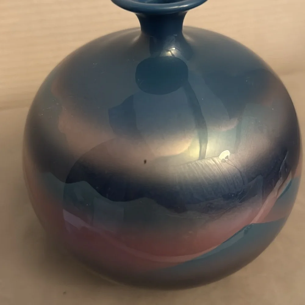 Vintage Tajimi Japan Elegant Blue Vase Satin Finish Crane Heron Bird Ball Shape